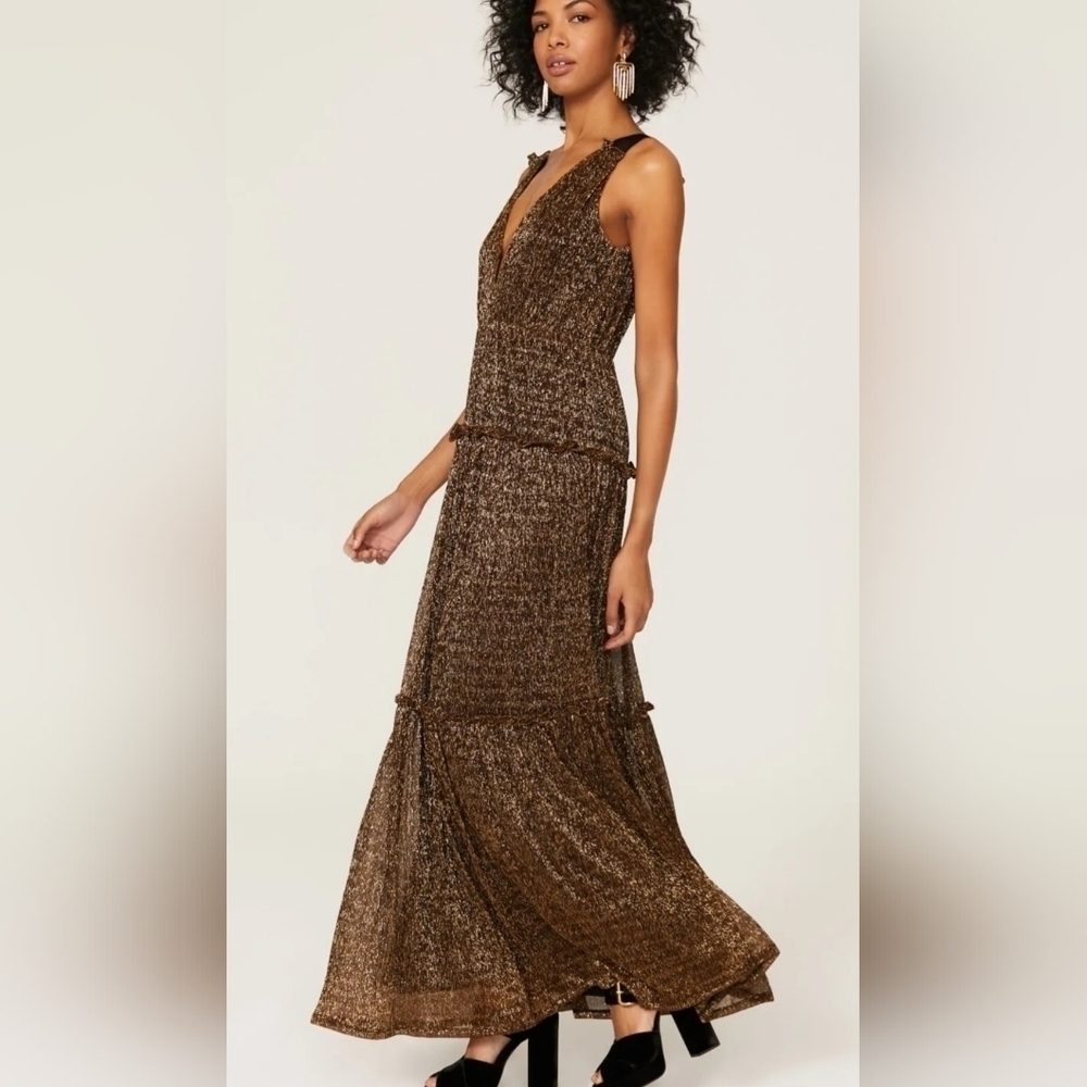 Hutch Metallic Bronze Black Maxi Dress V-Neck Sleeveless Tiered Skirt Size 4 - Picture 4 of 15